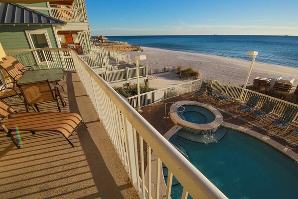 Watch your kids splashing in the pool and Jacuzzi without leaving the comfort of our huge balcony! View from the balcony to the East.