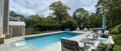 Private heated pool, large bluestone patio, Hot tub and  backyard area 