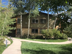 Outside of the back of the Willows F building.  Our unit is the lower left side.