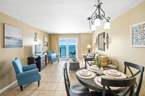 Our dining table has room for 4 plus the bar stools allow all 6 guests to dine!