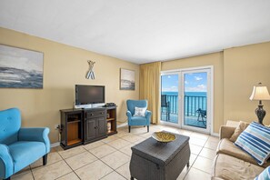 Living room has an amazing view of the beach as well!