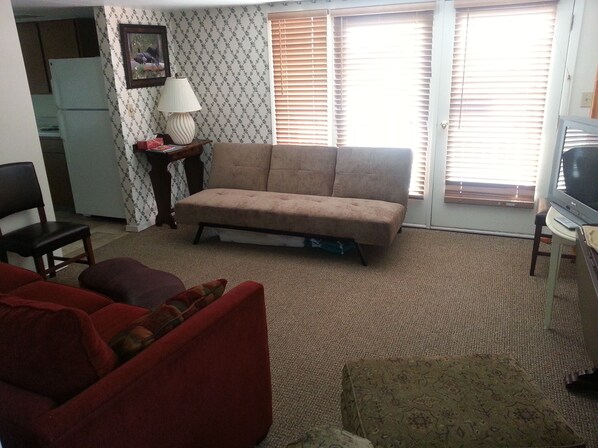 View of Living room with 1 couch, 1 futon, and one large ottoman chair.  Relax!