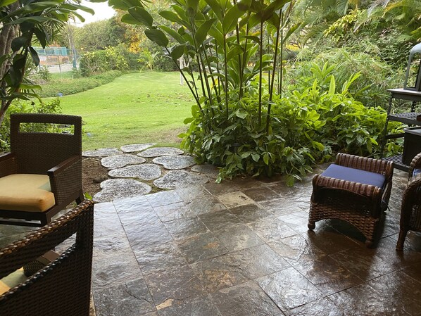 Relax on your private lanai that overlooks your Hawaiian retreat.