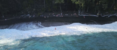 Beautiful black sand beach across the street and down the trail