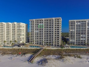 From the beach. Unit balcony is direct Gulf front - nothing to block your view!