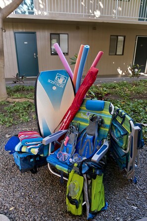 Beach chairs and umbrellas included.
Snorkel gear NOT included for sanitary reasons.