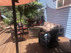  oversized deck. Very comfortable West Elm outdoor furniture with gas fire pit