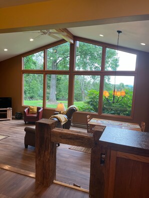 View from kitchen into living room dining area 