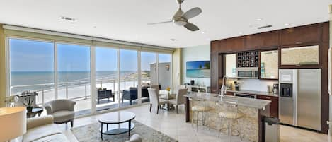 Beautiful view of the Gulf waters from the living room and kitchen