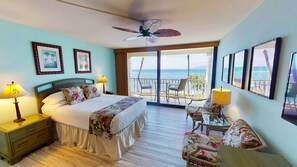 Spacious studio with hotel grade queen mattress.  Sitting area with comfy chairs