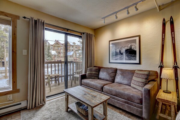 Living room with Murphy bed up creates a spacious room during the day.