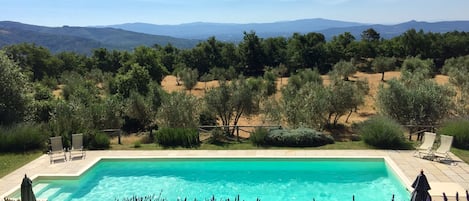 piscina con panorama e fioritura di lavande