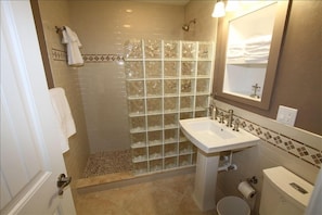 One of two glass block pebble floor showers and bath