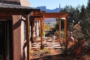 Breakfast patio with view of Castle Tower.