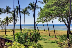 Fully landscaped yard out to the beach.