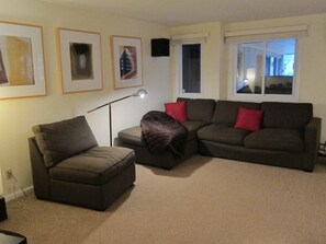 Another view of the living room and sofa with pull out bed and reading lamp