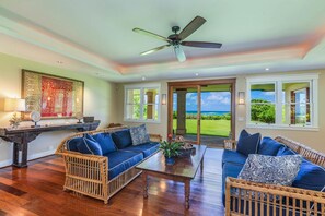 Living room ocean view, Sonos music system.