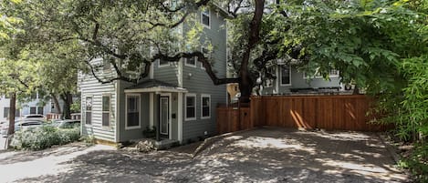 Front door and parking space