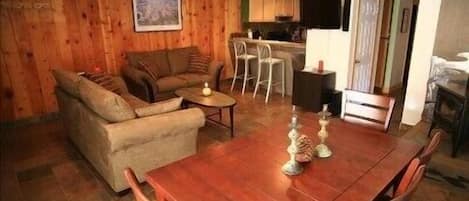 Cozy living room with views, tv, internet, wood stove, dining room table, patio