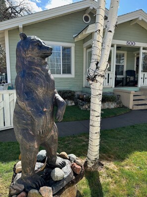 A symbol of Mt. Shasta’s wild charm—this friendly black bear statue welcomes you