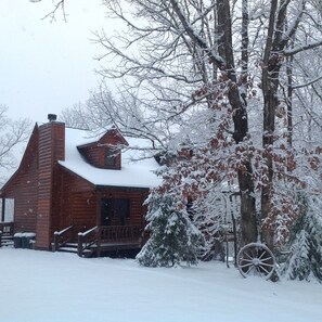 Driveway and cabin in the snow