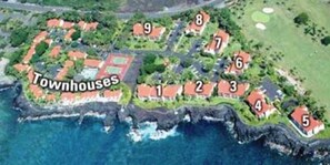 Our unit is 'under' the letter W in the word "Townhouses". 60 ft to pool/ocean!