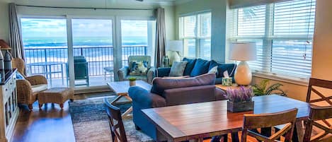 Enjoy the direct oceanfront views from living room, dining room and kitchen