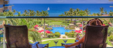 Actual view from our lanai (balcony) looking west toward the ocean!