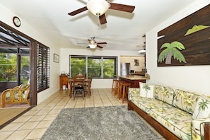 Full size dining room with seating for 6. (Extension leaves not shown)