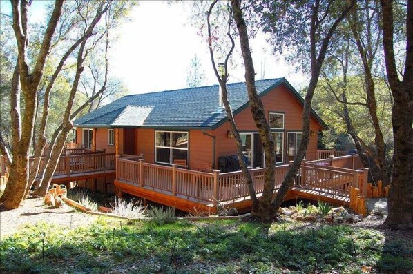 Cabin set in among pines and oaks