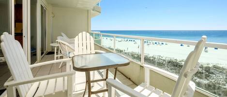 Large wrap around balcony overlooking beach and pool