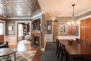 Dining room, living room and library.