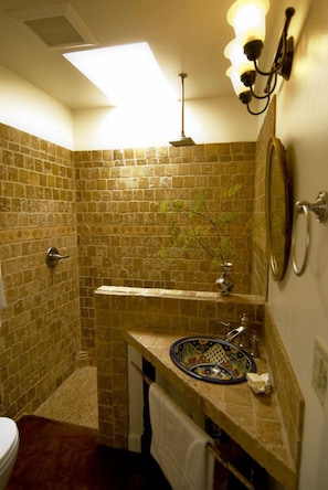 Skylight in cottage shower. Note the rainhead and terra cotta tile that Jean did 