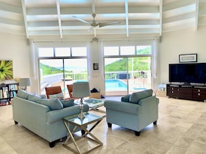 Living room view to pool and Buck Island 