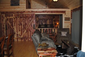 Barn doors open for tv viewing or closed for privacy 