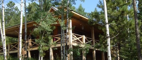 The cabin is surrounded by trees and native grasses throughout the spring and summer months