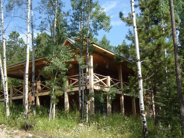 The cabin is surrounded by trees and native grasses throughout the spring and summer months