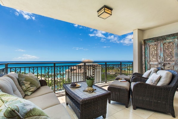 Crystal blue oceans capture the tranquil lanai setting