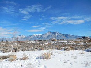 View of Sangre de Cristo mountain range from home in the winter