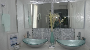 Downstair bathroom, double sinks and walk in rain shower with seat 2024