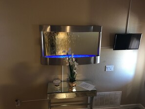 LED wall mirror fountain, mirror desk, and fresh mints. :)