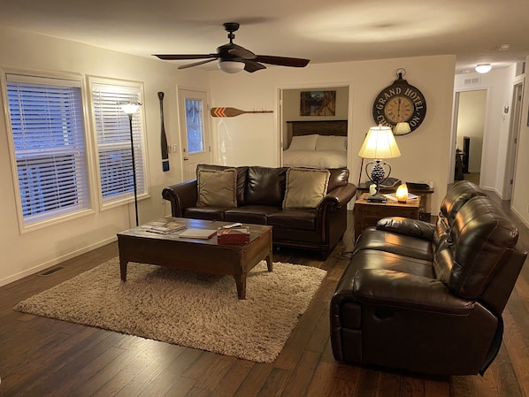Gathering Room w/ reclining seats, Flat TV and Fireplace; centered for enjoyment