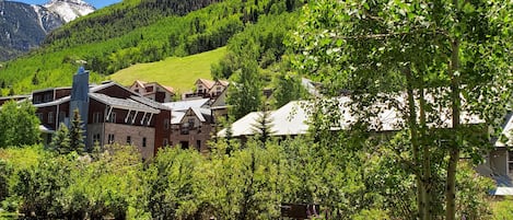 Back patio has mountain views, ski run views, San Miguel River. 