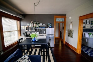 The kitchen and living space are open and comfortable.