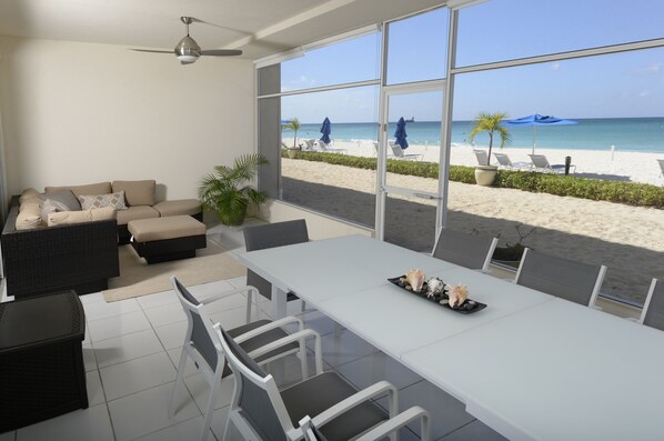 Patio looking straight out onto beach and sea
