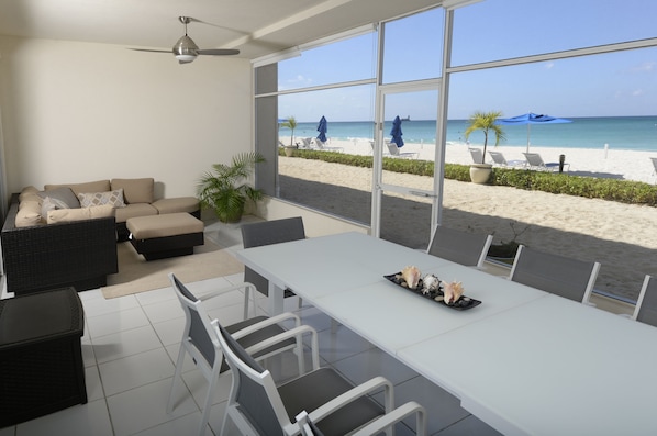 Patio looking straight out onto beach and sea