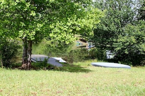 we have 2 canoes, one kayak  one paddleboat and 2 paddleboards for you to use