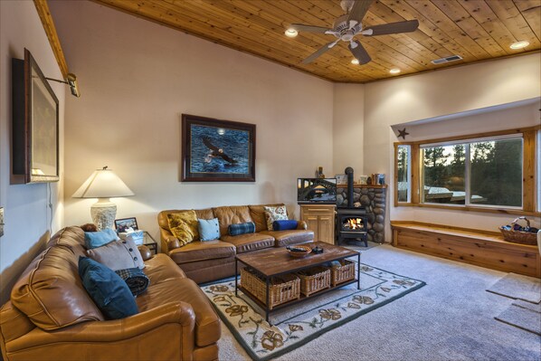 High ceilings, brightly lit.  