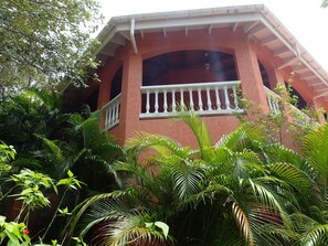 View from the side of the property.  Note the Spanish style construction.