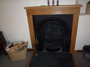 Open fire with welcome basket of wood and coal
